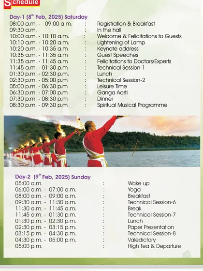 The detailed schedule for our international conference, showing a packed agenda of technical sessions, lectures, and spiritual programs like the Ganga Aarti.