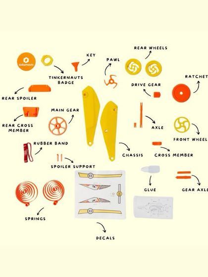 Here are all the components for the wind-up car, from the chassis and wheels to the springs, gears, and decorative decals.