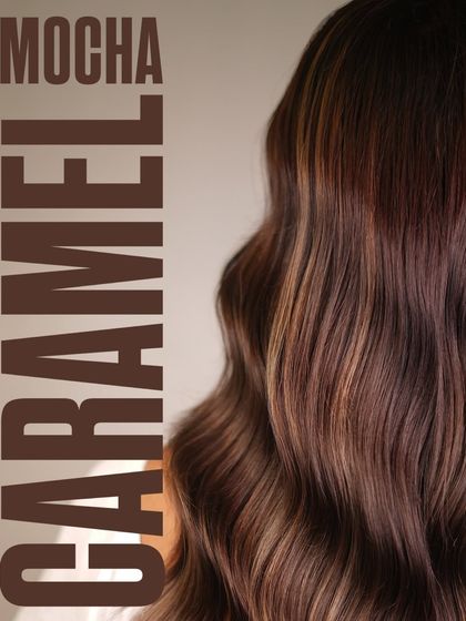 A close-up of our Mocha Caramel color work. Notice the seamless blend of tones that mimic how hair naturally lightens in the sun, creating a rich and dynamic look.