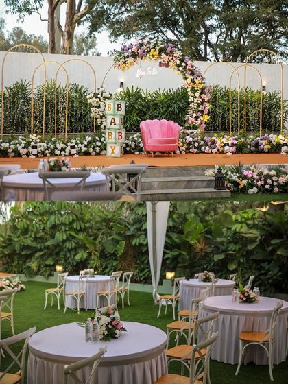 A collage of a beautiful baby shower setup at Backyard. The floral arch on the stage and the elegant table settings on the lawn show a complete event design.
