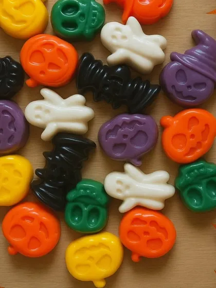 Spooky and fun Halloween-themed soaps. This set of 5 includes ghosts, pumpkins, and bats, making a great non-candy treat for trick-or-treaters.