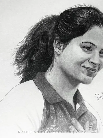 A pencil sketch of India's shooting queen, Manu Bhaker, celebrating her Olympic achievements. I also create portraits of inspiring athletes from sports beyond cricket.