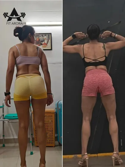 A powerful before-and-after back shot of Preeti. You can clearly see the development in her back muscles and glutes, along with a significant reduction in body fat, creating a much stronger V-taper.
