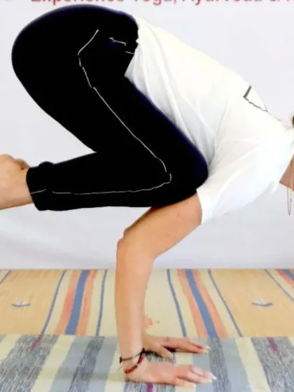 A student demonstrates strong form in Bakasana (Crow Pose). This arm balance requires a combination of strength, balance, and concentration, all of which are cultivated progressively in our classes.