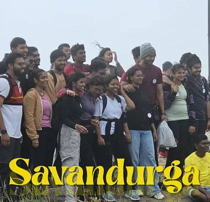 The entire group at the summit of Savandurga, a challenging but rewarding climb.