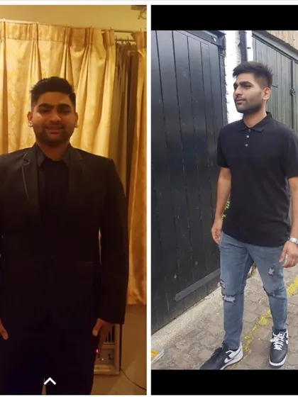 This before and after photo showcases a significant body recomposition, moving towards a leaner and more athletic build through our fat loss program.