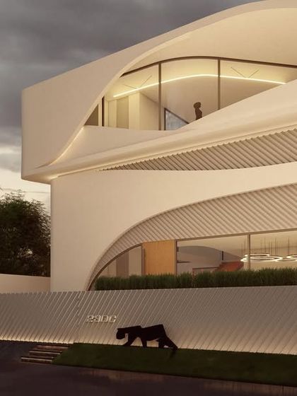 This design for a residence in Amritsar features a unique, textured facade and fluid, organic cutouts. The building appears as a beautifully carved object, showcasing our exploration of parametric and futuristic design.