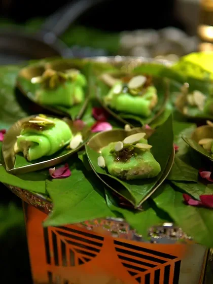 A platter of Malai Pista Beda, a traditional Indian sweet roll made with pistachio and cream, served in individual leaf cups.