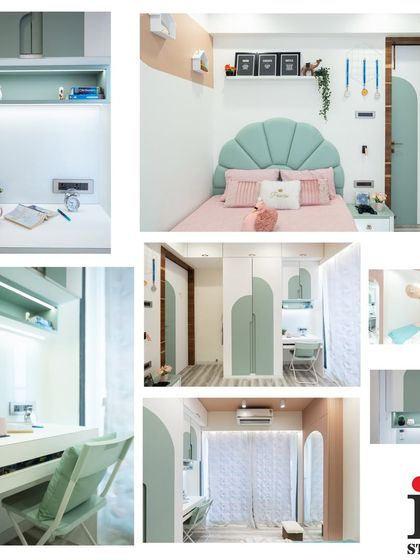 A collage of the daughter's bedroom, showcasing the key design elements like the shell headboard, the arched wardrobe, and the cozy study corner.