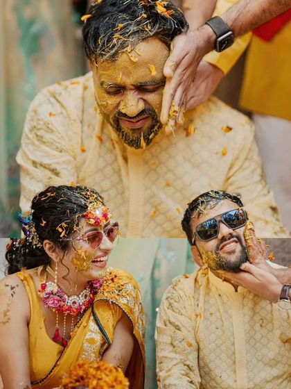 A collage capturing the groom's reactions as turmeric is applied, showing both joy and playful protest.