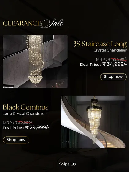 This image highlights two of my long crystal chandeliers, the 3S Staircase and the Black Geminus. Both are perfect for adding vertical drama and are available at special clearance prices.