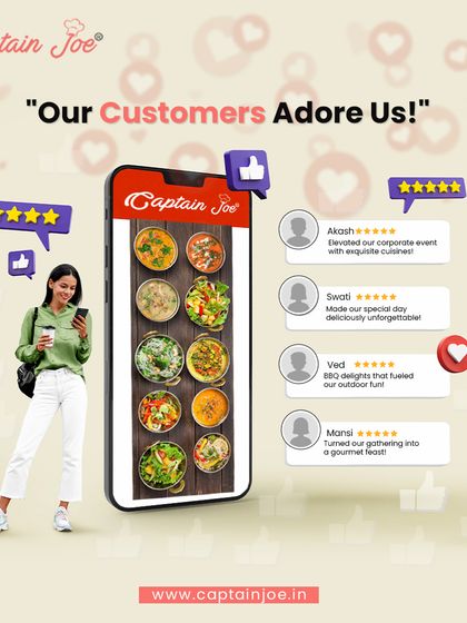 My customers adore me, and their reviews show it. This graphic displays 5-star ratings and positive testimonials on a smartphone, providing social proof of the exquisite cuisine and delightful experiences I deliver.