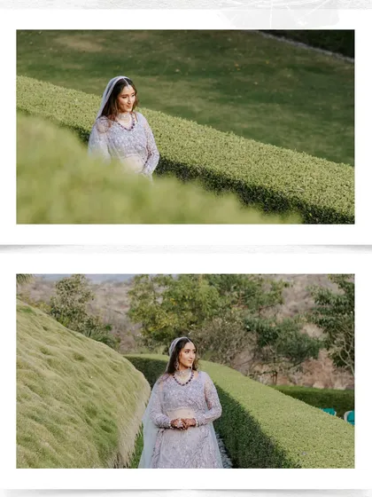 A serene portrait of the bride amidst the manicured lawns of the wedding venue. These quiet moments of reflection before the ceremony are just as important as the grand celebrations.