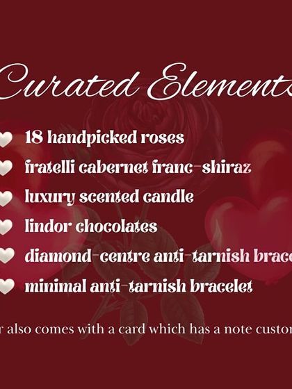 This graphic lists the curated elements inside "The Love Affair 2.0" hamper, including handpicked roses, wine, a luxury candle, chocolates, and anti-tarnish bracelets.