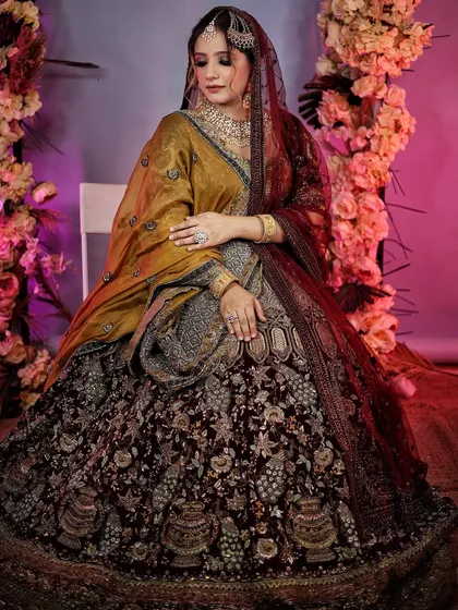 Our stunning bridal campaign. This full shot shows the beautiful contrast of the mustard dupatta against the deep maroon lehenga.