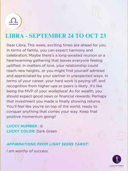 An uplifting weekly forecast for Libra, predicting harmony in family, love, and career. My readings highlight when hard work is paying off and positive momentum is building.