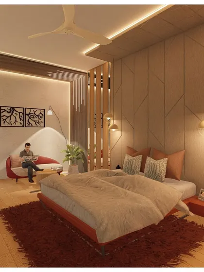 In this bedroom design, I used a wooden slat partition to create a subtle separation for a cozy reading nook. The combination of geometric wall paneling, warm wood tones, and soft lighting results in a layered and inviting atmosphere.