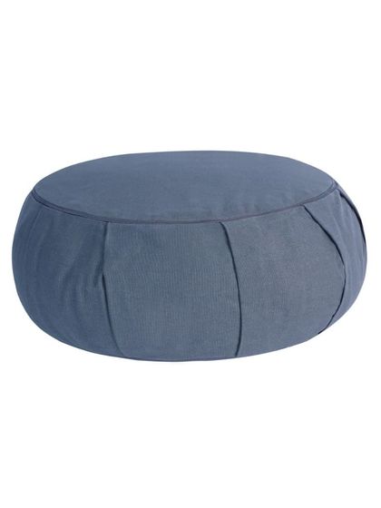 A side view of the blue-grey meditation cushion, isolated on a white background for a clean, professional look.