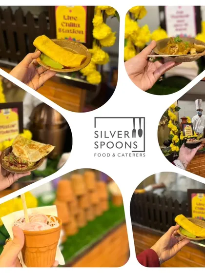 A collage celebrating the food of Ganesh Chaturthi. It features a variety of traditional Indian snacks like Chilla, Matar Kulcha, and Kulfi Falooda served from live stations.