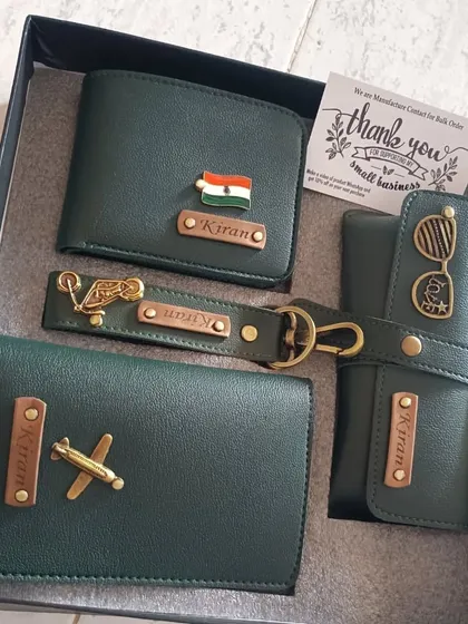 A beautiful green-themed gift set including a personalized wallet, passport holder, eyewear case, and keychain, all with unique charms.