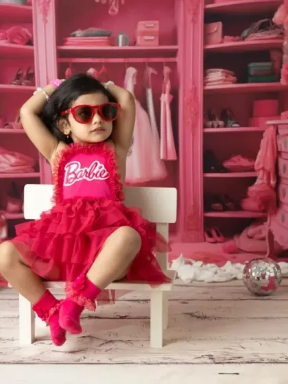 It's a Barbie world, and this little one owns it. My Barbie-themed shoots are all about capturing that fun, confident personality with a vibrant pink set and stylish props like these heart-shaped sunglasses.