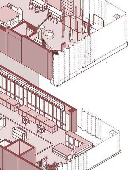 A detailed axonometric drawing of the first and second floors of the Nalli store, showing the transition from a traditional to a modern layout.
