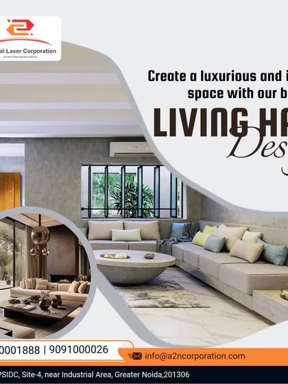 Two perspectives of modern living hall designs, one featuring a large L-shaped sofa and concrete-finish walls for an industrial-chic look, and the other showcasing a more open, airy design with large windows and natural light.