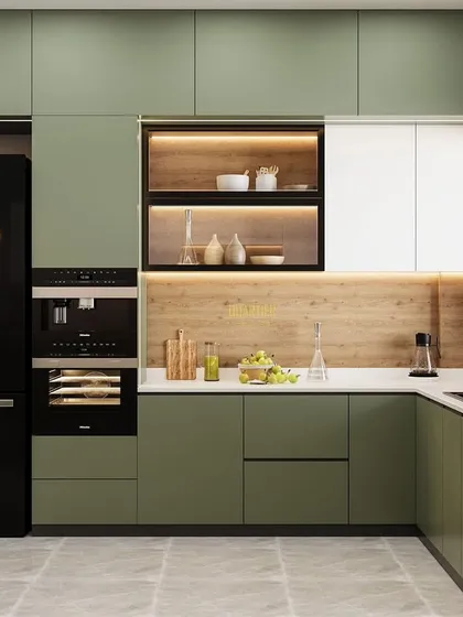 A 3D render of a modular kitchen with a pastel green and white theme. The design includes built-in appliances and a crockery unit with profile lighting, creating a fresh and modern culinary space.