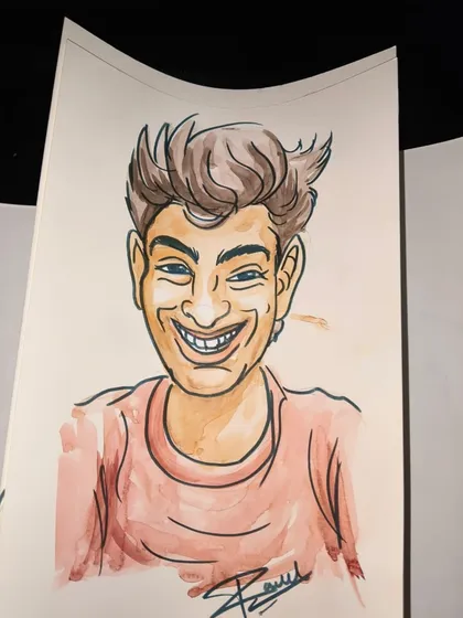 This is another example of a colorful caricature, capturing an exaggerated and cheerful expression that is the hallmark of this art form.