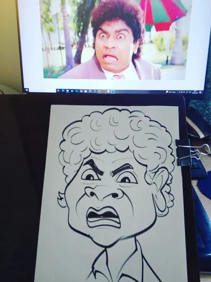 My hand-drawn caricature of the legendary comedian Johny Lever, with his iconic expression as a reference on the screen behind.