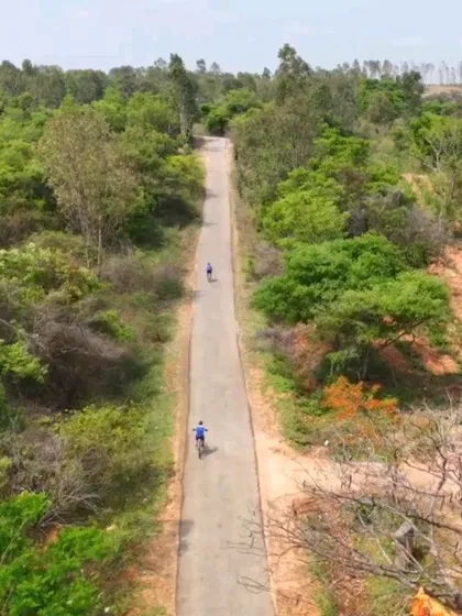 An aerial view of two cyclists on a straight, empty road surrounded by greenery. This is the freedom and tranquility we offer on our day rides.