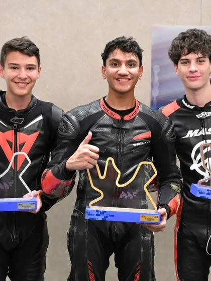 We build champions. Here is our student, Rakshith Dave, celebrating a double podium finish at the Qatar Supersport 300, representing India on the international stage. This is the result of dedication and expert coaching.