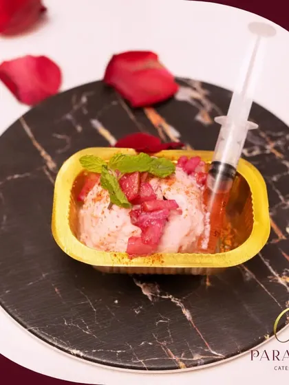 Inject happiness into your meal. This creative dessert comes with a syringe filled with a sweet syrup, allowing guests to customize the sweetness of their treat.