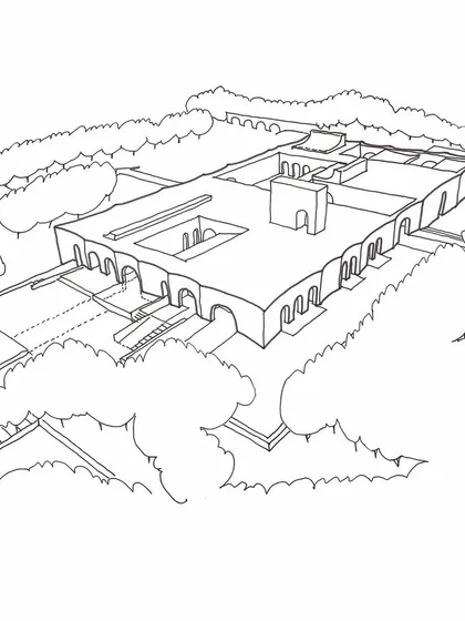 An early aerial sketch of the Dua Villa, showing the conceptual layout with its internal courtyards and surrounding landscape. This is where we first began to explore the relationship between the structure and its site.