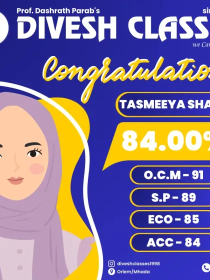 Well done, Tasmeeya Shaikh, on your excellent performance. Scoring consistently well across all major commerce subjects like OCM, SP, and Economics shows a well-rounded preparation, which is a cornerstone of our teaching.