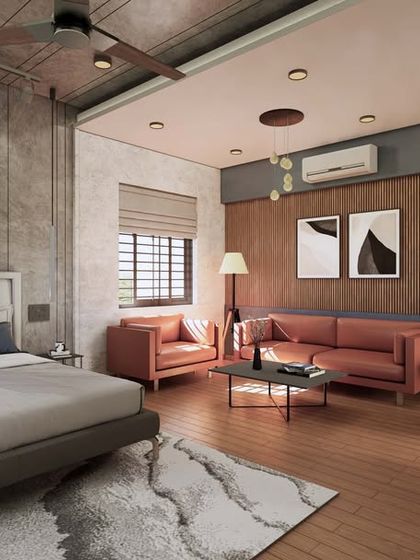 Another view of the rugged sophistication concept, showing a seating area within the bedroom for added functionality.