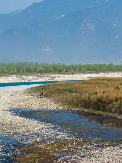The landscape of Bardiya National Park, with the riverbed and mountains in the distance.