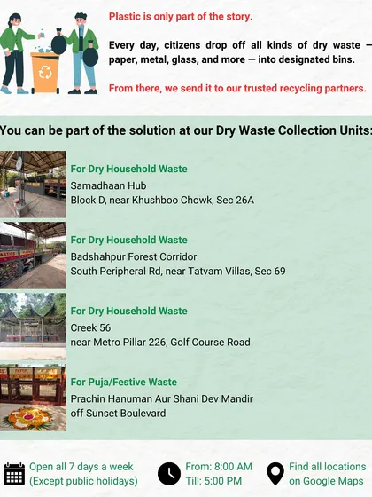 Ready to be part of the solution? Here are our four main dry waste collection units across Gurgaon. We are open seven days a week to accept your segregated dry household waste and special puja items.