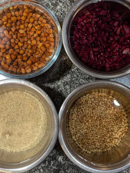 Soaking grains and pulses like these chickpeas, kidney beans, and millets is crucial. It helps in better absorption of nutrients and makes them much easier to digest.