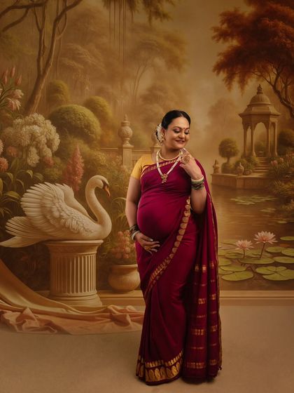 A solo portrait of the mother-to-be in a painted garden with a graceful swan. The scene evokes a sense of peace and regal beauty, highlighting her serene pregnancy glow.