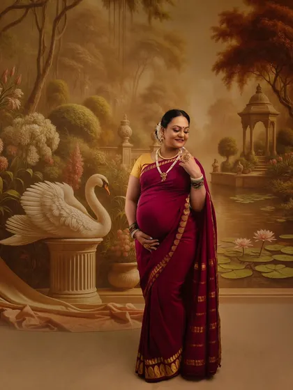 A solo portrait of the mother-to-be in a painted garden with a graceful swan. The scene evokes a sense of peace and regal beauty, highlighting her serene pregnancy glow.