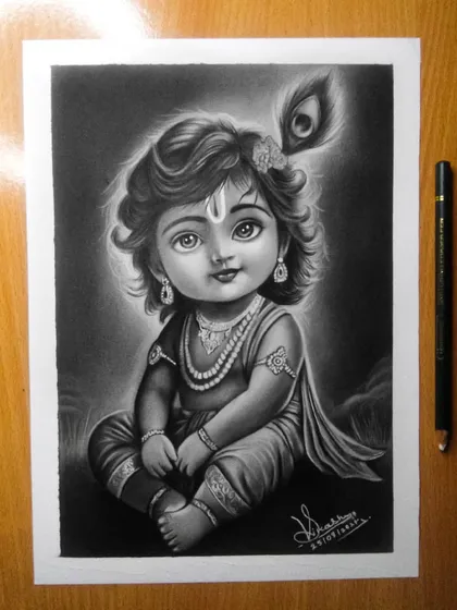 A portrait of Bal Krishna, or Little Krishna, created with graphite pencils. I aimed to capture his innocent and divine nature, focusing on his large, expressive eyes and the soft shading of his features to give the drawing a gentle glow.
