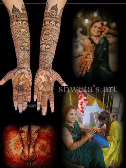 A collage showcasing a full bridal mehendi with wedding elements. The design includes couple figures, traditional motifs, and a beautiful matching leg design.