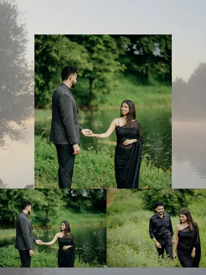 Another collage showing a couple's romantic walk in a green landscape, with a misty lake background adding to the mood.