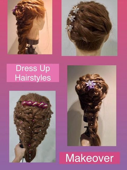 A collection of four different "dress up" hairstyles on mannequins. These examples show a variety of updos, from braided crowns to elaborate twists, perfect for any formal event.