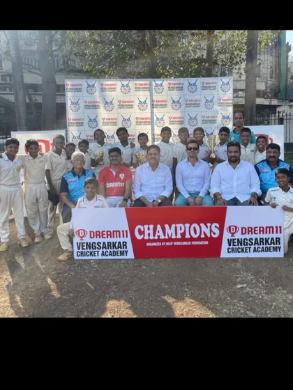 Our U-12 team celebrating their championship win in the Dream 11 Vengsarkar Cricket Cup. A proud moment for the players, coaches, and parents.