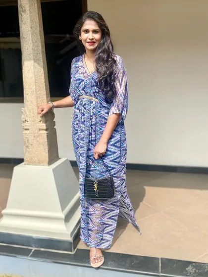 Our client Smitha looking chic in an easy-breezy printed kaftan dress, perfect for summer.