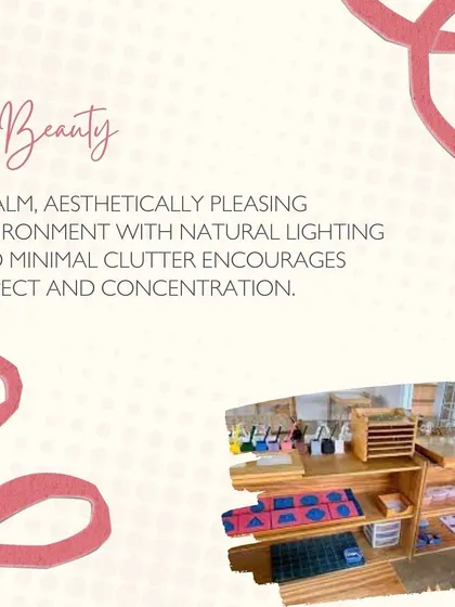 An infographic about Beauty in the learning environment, explaining how natural light and minimal clutter encourage respect and concentration.