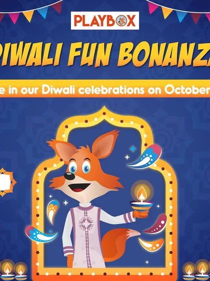 Our Diwali Fun Bonanza poster invites everyone to shine in our celebrations. The event includes ethnic dress-up, Diya and Kandeel craft workshops, and plenty of playtime.