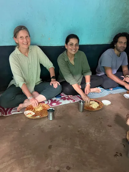 Sharing a meal, the traditional way. Sitting on the floor of a village home in Kanha, we feasted on dal, rice, and freshly made chutney. This is immersion in its most delicious form.